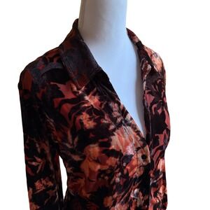 Liverpool LA Women Velvet Burnout Floral Button Down Shirt Orange Black L
